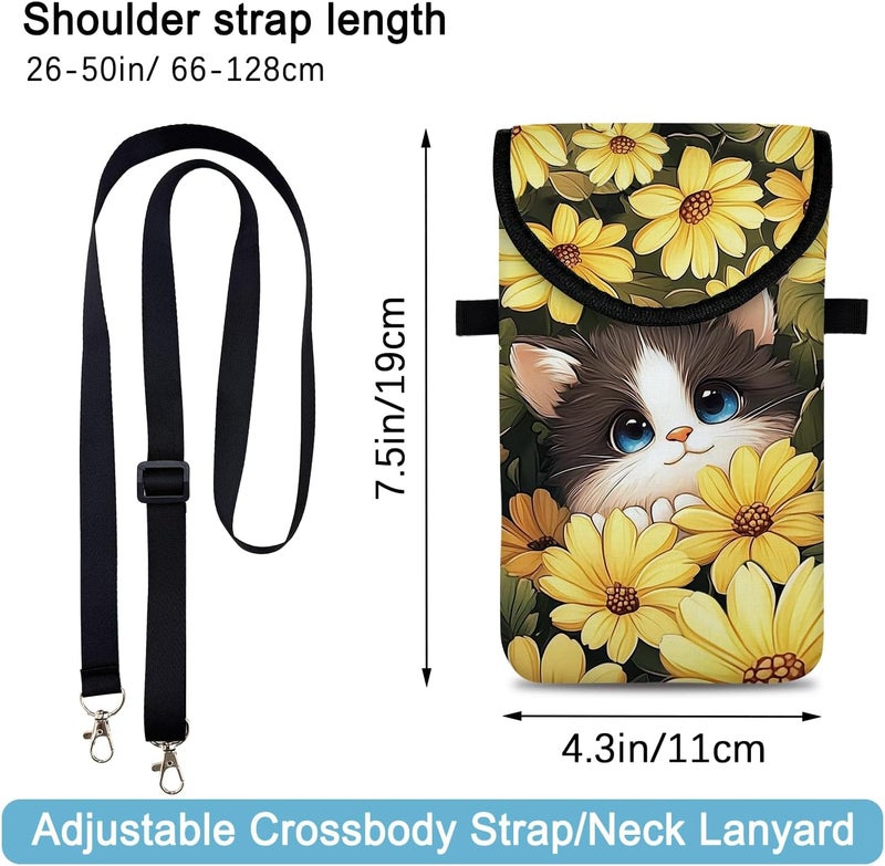 otilil Neoprene Cell Phone Sleeve Pouch Case Bag with Crossbody Strap Neck Lanyard for Women 7.5 X 4.3 in Sunflower Cat - Image 2